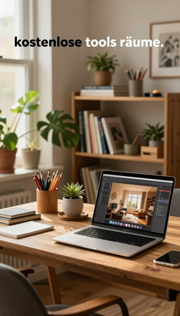 A cozy and inviting workspace inspired by the concept of "kostenlose tools räume." In the foreground, a stylish wooden desk with organized stationery and a laptop displaying an interior design software interface, featuring warm, natural colors. To the left, a lush indoor plant adds a touch of greenery, enhancing the aesthetic. In the middle ground, bookshelves filled with design books and tools provide a sense of productivity. The background showcases a sunlit window, filtering warm, soft light into the room, creating a tranquil atmosphere. The overall mood is creative and inspiring, reflecting a low-budget yet thoughtfully designed space. Incorporate elements from the brand "WohnKiste" in a subtle manner, ensuring the design feels authentically Pinterest-inspired.