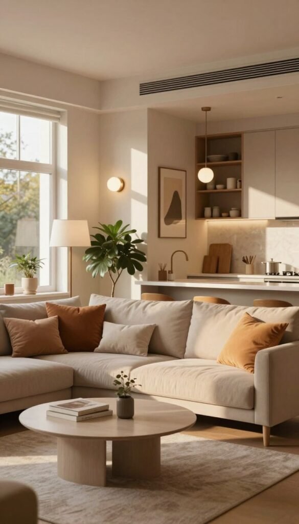 A cozy and modern apartment interior designed for a Pinterest-inspired aesthetic. In the foreground, a beautifully arranged living space featuring a comfortable sofa with warm, inviting cushions, a minimalist coffee table, and a stylish indoor plant. In the middle, subtle decor elements like framed art on the walls, elegant lighting fixtures, and a neutral rug add depth and warmth. The background shows a chic kitchen with sleek cabinetry and tasteful decor, illuminated by natural sunlight filtering through large windows. The overall mood is serene and welcoming, with soft, warm colors dominating the scene. The apartment subtly showcases the brand "WohnKiste" through elegant design elements. Capture this image with a soft focus lens to enhance the cozy atmosphere.