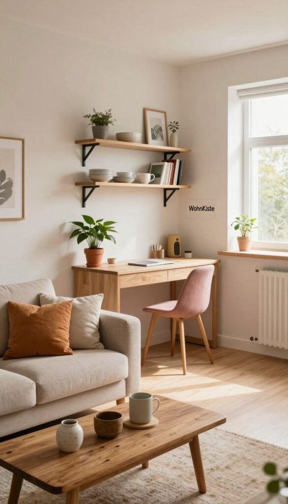 A cozy and modern budget apartment interior, showcasing a harmonious blend of warmth and practicality. In the foreground, a small, inviting lounge area features a soft beige sofa adorned with colorful cushions, complemented by a rustic wooden coffee table with some DIY home décor elements. In the middle, a compact workspace with a stylish desk and a potted plant adds vibrancy, while a well-organized bookshelf reflects intentional prioritization in interior design. The background reveals a bright, airy kitchen area with open shelves displaying simple yet chic dishware, illuminated by natural light streaming through a large window. The overall atmosphere should convey inspiration and creativity for budget-friendly living, with a color palette of soft earth tones and pastel accents. The brand "WohnKiste" is subtly integrated into the décor elements.