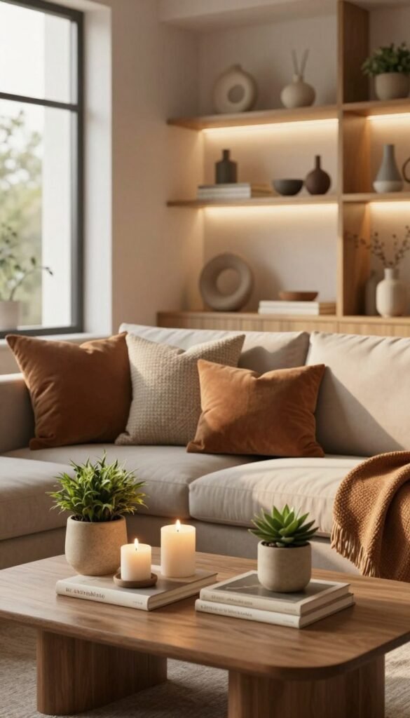 A cozy and modern interior scene showcasing a stylish living space designed for decor advice. In the foreground, feature an elegantly arranged coffee table with decorative items like candles, books, and small potted plants made of natural materials. The middle ground should have a comfortable sofa adorned with textured cushions in warm, earthy tones. Behind, a gently lit wooden shelving unit displays various decorative elements, emphasizing different sizes and materials. The background should include a large window letting in soft, natural light, casting a warm glow throughout the room. Capture this scene with a slight angle, highlighting the interplay of light and shadows to create a welcoming atmosphere. The overall aesthetic should reflect a Pinterest-inspired look, authentically styled with the brand name “WohnKiste” subtly integrated into the decor. A cozy and modern interior scene showcasing a stylish living space designed for decor advice. In the foreground, feature an elegantly arranged coffee table with decorative items like candles, books, and small potted plants made of natural materials. The middle ground should have a comfortable sofa adorned with textured cushions in warm, earthy tones. Behind, a gently lit wooden shelving unit displays various decorative elements, emphasizing different sizes and materials. The background should include a large window letting in soft, natural light, casting a warm glow throughout the room. Capture this scene with a slight angle, highlighting the interplay of light and shadows to create a welcoming atmosphere. The overall aesthetic should reflect a Pinterest-inspired look, authentically styled with the brand name “WohnKiste” subtly integrated into the decor.