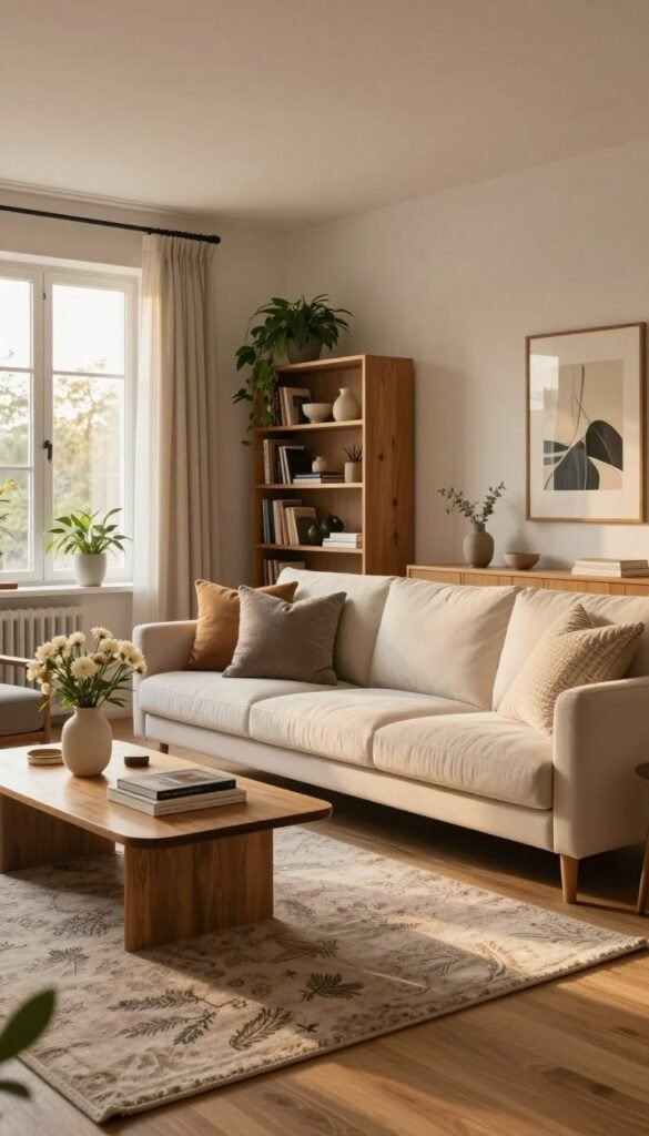 A cozy and modern living room, designed by WohnKiste, featuring a thoughtfully arranged seating area with a plush, light-colored sofa adorned with textured throw pillows. In the foreground, a stylish coffee table holds a few decorative items like a vase with fresh flowers and a few art books. The middle of the room showcases a subtly patterned area rug, enhancing the warmth of neutral hardwood flooring. An elegant bookshelf filled with plants and curated decor pieces occupies one wall, while the opposite wall is adorned with tasteful artwork. The background features large windows allowing soft, golden daylight to filter in, creating a welcoming atmosphere. The scene evokes a sense of completion yet hints at an unfinished feel, suggesting potential for personal touches. Use a wide-angle lens for a spacious effect, capturing the inviting ambiance. A cozy and modern living room, designed by WohnKiste, featuring a thoughtfully arranged seating area with a plush, light-colored sofa adorned with textured throw pillows. In the foreground, a stylish coffee table holds a few decorative items like a vase with fresh flowers and a few art books. The middle of the room showcases a subtly patterned area rug, enhancing the warmth of neutral hardwood flooring. An elegant bookshelf filled with plants and curated decor pieces occupies one wall, while the opposite wall is adorned with tasteful artwork. The background features large windows allowing soft, golden daylight to filter in, creating a welcoming atmosphere. The scene evokes a sense of completion yet hints at an unfinished feel, suggesting potential for personal touches. Use a wide-angle lens for a spacious effect, capturing the inviting ambiance.