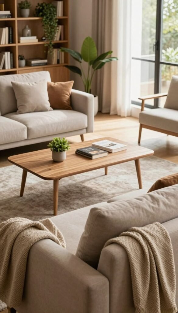 A cozy and modern living room designed with warm, inviting colors, showcasing a blend of functional furniture from the brand "WohnKiste". In the foreground, a stylish, plush sofa adorned with soft cushions and a textured throw blanket. The middle layer features a sleek wooden coffee table with a few decorative items, like a small plant and a couple of books, enhancing the space's elegance. In the background, a beautifully arranged bookshelf filled with greenery and decor adds depth. Soft natural light pours in through a large window, creating a tranquil atmosphere. The perspective is slightly angled to emphasize the layout, evoking a sense of harmony and balance that reflects practical yet stylish living.