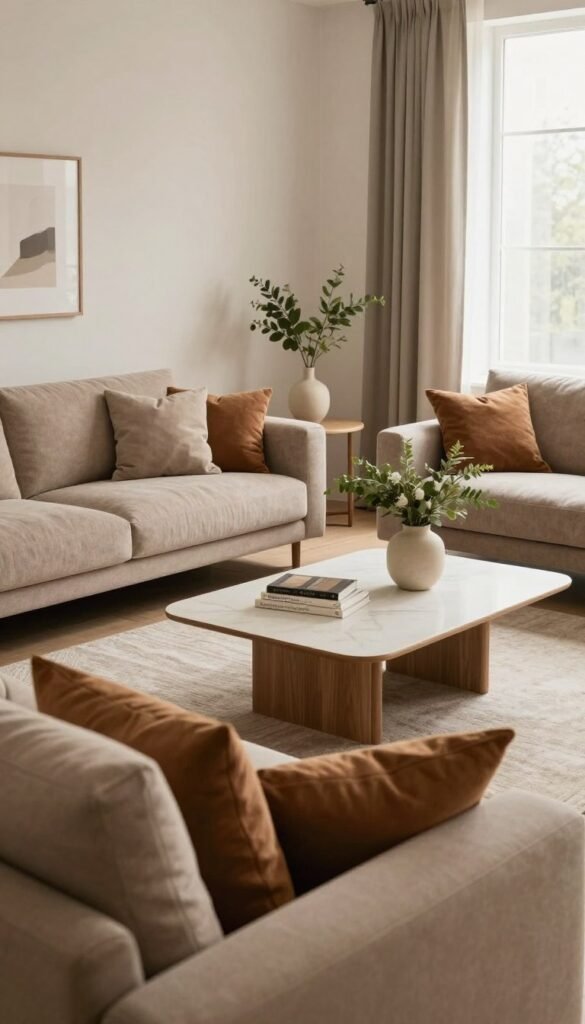 A cozy and modern living room featuring a stylish WohnKiste sofa and armchair set, arranged for optimal communication and order. The foreground showcases plush, inviting cushions in warm earth tones, enhancing comfort. In the middle ground, a sleek coffee table holds decorative items like a vase with greenery and books, promoting a welcoming, organized atmosphere. The background reveals a softly lit, neutral palette wall with minimalistic artwork, emphasizing tranquility. Natural light streams through large windows, creating a soft glow that highlights the textures of the fabric and wood elements. Capture this inviting scene from a slightly angled perspective, evoking a sense of harmony and togetherness, embodying a Pinterest-inspired aesthetic with an authentic feel.
