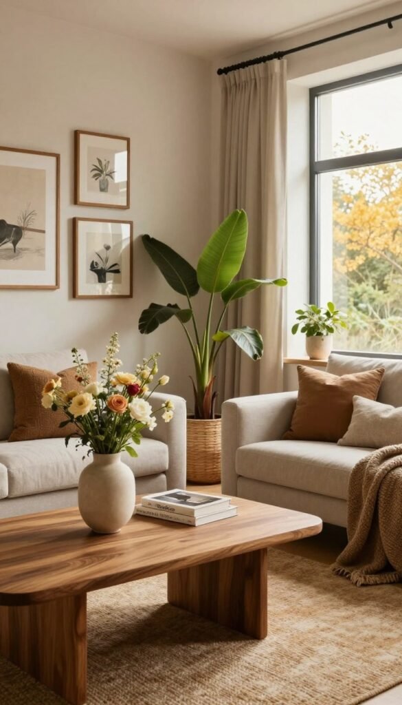 A cozy and modern living room setup featuring natural decor elements, designed to inspire home decoration ideas. The foreground includes a stylish wooden coffee table with an elegant vase filled with fresh flowers, alongside soft, textured cushions on a sleek sofa. In the middle, a warm-toned area rug complements earthy tones of plants arranged near a large window that lets in golden natural light. The background reveals a tasteful gallery wall with art pieces framed in rustic wood, adding personality without overwhelming the space. The overall atmosphere is inviting and serene, with a Pinterest-inspired aesthetic. Ensure the space reflects the brand name "WohnKiste" by subtly integrating it into the decor, maintaining a focus on authenticity and a warm palette of colors.