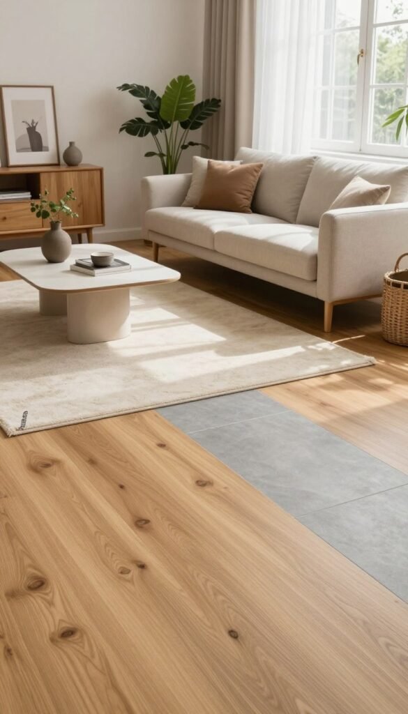 A cozy and modern living room showcasing an elegant flooring selection, featuring a combination of light oak hardwood and large-format grey tiles, creating a stylish contrast. In the foreground, a plush cream area rug adds warmth. The middle ground displays contemporary furniture, like a sleek mid-century modern sofa with neutral cushions and a minimalist coffee table, adorned with a few tasteful decor items. Soft, natural light filters in through large windows with sheer white curtains, casting gentle shadows across the space. In the background, houseplants bring a touch of nature. The atmosphere is inviting and sophisticated, reflecting the aesthetic of "WohnKiste". Aim for a natural look with warm colors, capturing an authentic Pinterest-inspired vibe.