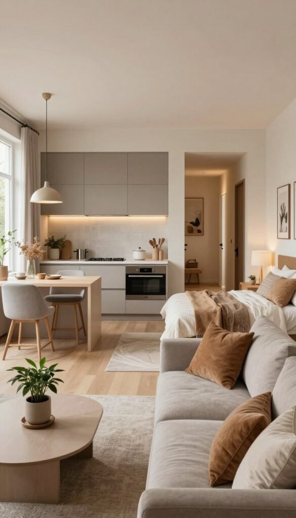 A cozy and modern living space, showcasing distinct areas for a stylish living room, serene bedroom, functional kitchen, and inviting hallway, designed with warm, natural colors and a Pinterest aesthetic. In the foreground, a plush sofa adorned with soft cushions and a minimalist coffee table, complemented by a small indoor plant. The middle ground features a beautifully organized kitchen with sleek cabinets and contemporary appliances, while the bedroom showcases a neatly made bed with elegant bedding and bedside tables. In the background, a softly lit hallway with neutral walls and framed photographs creates a welcoming atmosphere. The scene is bright with natural light pouring in through large windows, captured with a wide-angle lens to emphasize space. Authentic and inviting, without any text or logos, but subtly hinting at the brand 'WohnKiste' in the decor style.