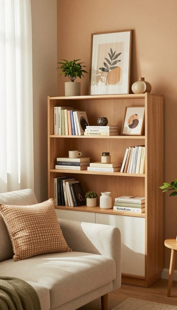 A cozy and modern room featuring clever storage solutions, designed with a budget-friendly mindset. In the foreground, an inviting reading nook with a plush armchair and decorative cushions. The middle layer showcases a stylish bookshelf filled with neatly organized books and decorative items, complemented by a small indoor plant for a touch of greenery. The background displays a warm-toned wall with framed artwork and natural light filtering through sheer curtains, creating a soft glow. The overall atmosphere is inviting and functional, reflecting the essence of affordable yet appealing interior design. The image should embody the spirit of the "WohnKiste" brand, emphasizing authenticity and a Pinterest-worthy aesthetic in warm colors, without any text or logos included. A cozy and modern room featuring clever storage solutions, designed with a budget-friendly mindset. In the foreground, an inviting reading nook with a plush armchair and decorative cushions. The middle layer showcases a stylish bookshelf filled with neatly organized books and decorative items, complemented by a small indoor plant for a touch of greenery. The background displays a warm-toned wall with framed artwork and natural light filtering through sheer curtains, creating a soft glow. The overall atmosphere is inviting and functional, reflecting the essence of affordable yet appealing interior design. The image should embody the spirit of the "WohnKiste" brand, emphasizing authenticity and a Pinterest-worthy aesthetic in warm colors, without any text or logos included.