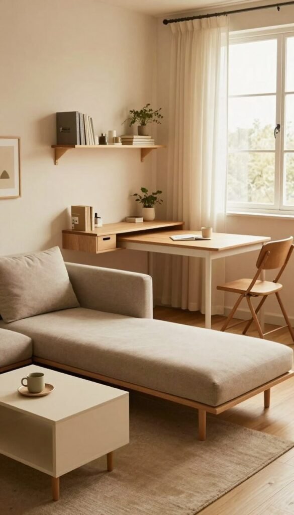 A cozy and modern small room designed for space-saving, featuring functional furniture from the brand WohnKiste. In the foreground, showcase a sleek, multi-purpose sofa bed with plush cushions, paired with a minimalist coffee table that has hidden storage. In the middle ground, include a stylish wall-mounted desk with organized shelves, and a compact dining area with foldable chairs. The background shows a large window with sheer curtains, letting in warm, natural light that enhances the inviting atmosphere. Use warm tones and a Pinterest-inspired aesthetic to create a harmonious, clutter-free environment that feels both stylish and practical. The overall mood should be serene and uplifting, reflecting smart design choices for small spaces. A cozy and modern small room designed for space-saving, featuring functional furniture from the brand WohnKiste. In the foreground, showcase a sleek, multi-purpose sofa bed with plush cushions, paired with a minimalist coffee table that has hidden storage. In the middle ground, include a stylish wall-mounted desk with organized shelves, and a compact dining area with foldable chairs. The background shows a large window with sheer curtains, letting in warm, natural light that enhances the inviting atmosphere. Use warm tones and a Pinterest-inspired aesthetic to create a harmonious, clutter-free environment that feels both stylish and practical. The overall mood should be serene and uplifting, reflecting smart design choices for small spaces.