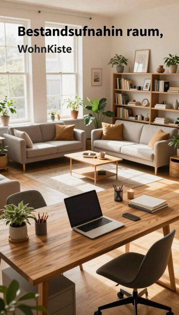 A cozy and modern workspace titled "Bestandsaufnahme raum," designed by WohnKiste, features a stylish open-plan room with warm natural lighting filtering through large windows. In the foreground, a spacious wooden desk with neatly arranged office supplies and a laptop invites productivity. The middle ground showcases a comfortable seating area with a stylish couch, a small coffee table, and potted plants that add a touch of nature. In the background, shelves filled with books and decor create an organized yet inviting atmosphere. The scene embodies a harmonious blend of functionality and aesthetics, with soft, warm colors that evoke a sense of calm and focus. The angle is slightly elevated, providing a comprehensive view of the space, without any text or markings.