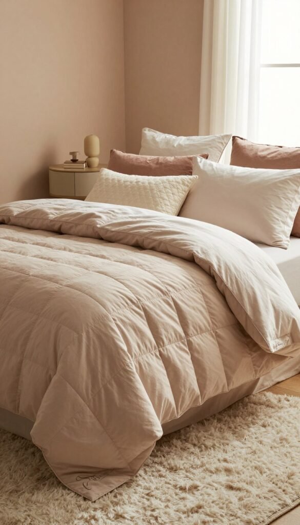 A cozy and organized bedroom setting featuring elegant bedding, plush pillows, and soft, textured blankets in warm, inviting colors. In the foreground, a neatly made bed adorned with stylish quilted duvet covers and accent pillows. The middle layer includes a fluffy area rug that complements the bedding, providing a harmonious touch to the space. In the background, designed elements such as a tasteful bedside table and calming wall colors enhance the ambiance. Soft, natural lighting cascades through a nearby window, creating a serene atmosphere reminiscent of Pinterest aesthetics. Include subtle branding elements of "WohnKiste" in the textiles. The overall mood is tranquil and inviting, perfect for conveying the concept of order and comfort in a bedroom.