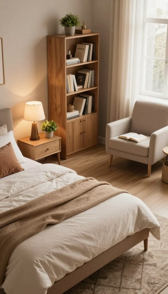 A cozy and organized bedroom space is featured prominently in the foreground, showcasing a sleek bed with warm, natural bedding and decorative pillows. A stylish bedside table holds a lamp and a small plant, adding touches of greenery. The middle ground includes a stylish area rug, a well-arranged bookshelf, and a soft armchair, creating inviting zones for relaxation and reading. In the background, soft light filters through sheer curtains, casting a warm glow across the room. The overall atmosphere is calm and harmonious, embodying the essence of a well-planned sanctuary. A touch of inspiration from "WohnKiste" is subtly integrated into the furniture choices. The image employs soft, natural lighting to enhance warmth and authenticity, captured from a slightly elevated angle for a comprehensive view.