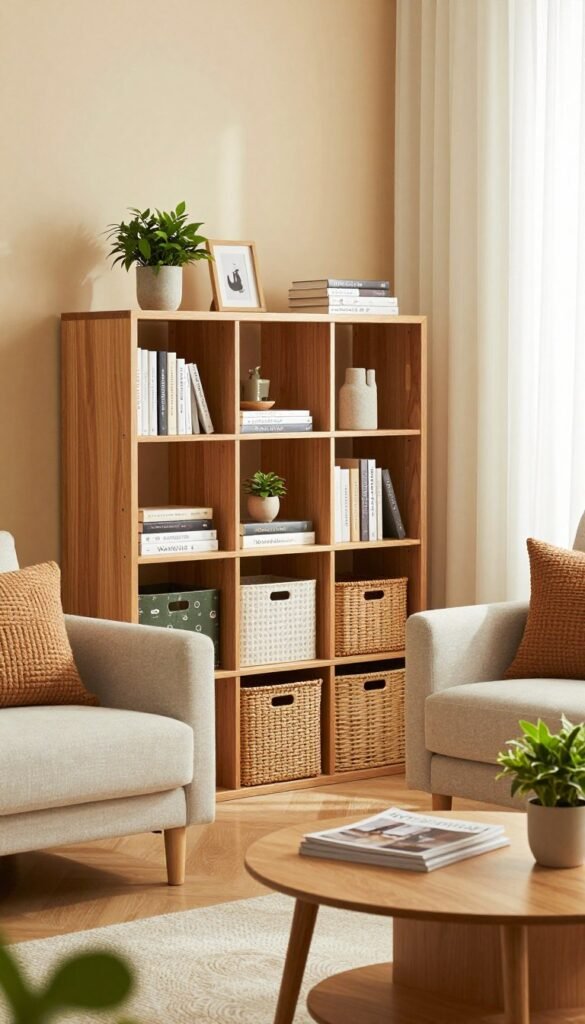 A cozy and organized living room showcasing stylish storage solutions. In the foreground, a modern wooden shelving unit from WohnKiste, adorned with neatly arranged books, decorative plants, and chic storage baskets. The middle ground features a comfortable sofa decorated with textured cushions, while a sleek coffee table rests in front, holding a few lifestyle magazines and a small potted plant. In the background, warm natural light filters through sheer curtains, creating a soft and inviting atmosphere. The walls are painted in calming pastel shades, enhancing the sense of order and tranquility. The overall mood is warm, inviting, and aesthetically pleasing, embodying the perfect blend of functionality and style for a budget-friendly home makeover. A cozy and organized living room showcasing stylish storage solutions. In the foreground, a modern wooden shelving unit from WohnKiste, adorned with neatly arranged books, decorative plants, and chic storage baskets. The middle ground features a comfortable sofa decorated with textured cushions, while a sleek coffee table rests in front, holding a few lifestyle magazines and a small potted plant. In the background, warm natural light filters through sheer curtains, creating a soft and inviting atmosphere. The walls are painted in calming pastel shades, enhancing the sense of order and tranquility. The overall mood is warm, inviting, and aesthetically pleasing, embodying the perfect blend of functionality and style for a budget-friendly home makeover.