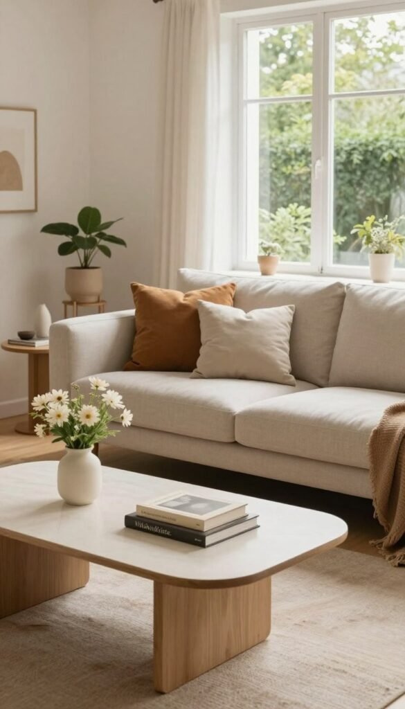 A cozy and organized living room that evokes calmness without appearing sterile. In the foreground, a stylish modern coffee table with a few decorative books and a small vase of fresh flowers. The middle ground features a plush, inviting sofa adorned with neatly arranged cushions in warm tones, complemented by a minimalist side table. In the background, large windows let in soft, natural light, revealing lush greenery outside, enhancing the serene atmosphere. Light wood flooring and neutral-toned walls add to the harmonious feel. Subtle decorative elements reflect a Pinterest-inspired aesthetic, creating a sense of authenticity. The brand "WohnKiste," subtly integrated into the decor. Ensure the scene is clean, bright, and welcoming, capturing the essence of an organized, stylish living space. A cozy and organized living room that evokes calmness without appearing sterile. In the foreground, a stylish modern coffee table with a few decorative books and a small vase of fresh flowers. The middle ground features a plush, inviting sofa adorned with neatly arranged cushions in warm tones, complemented by a minimalist side table. In the background, large windows let in soft, natural light, revealing lush greenery outside, enhancing the serene atmosphere. Light wood flooring and neutral-toned walls add to the harmonious feel. Subtle decorative elements reflect a Pinterest-inspired aesthetic, creating a sense of authenticity. The brand "WohnKiste," subtly integrated into the decor. Ensure the scene is clean, bright, and welcoming, capturing the essence of an organized, stylish living space.