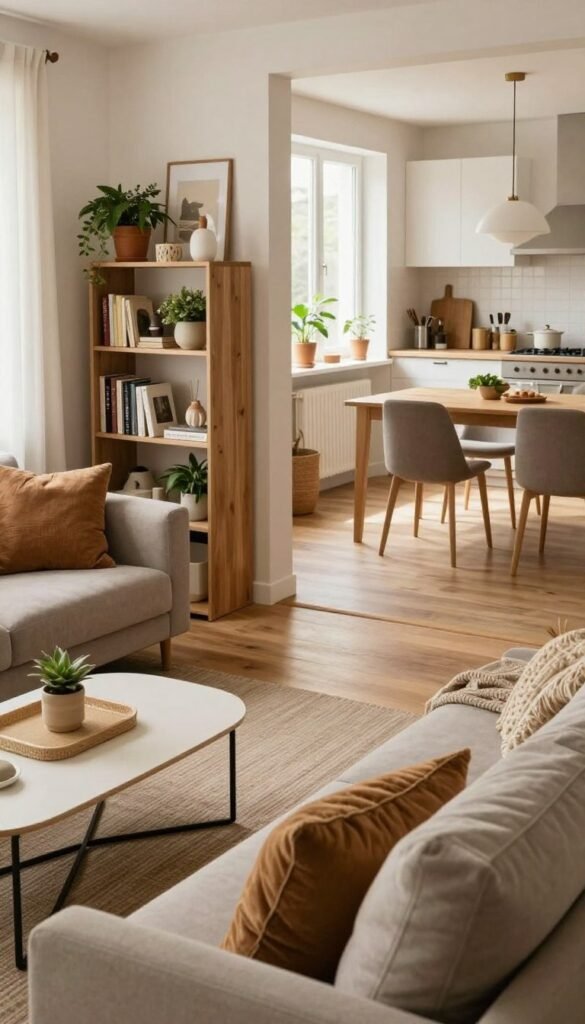 A cozy and organized living space featuring distinct functional zones that promote orderliness. In the foreground, there is a stylish, modern seating area with a plush sofa adorned with textured cushions, showcasing earthy tones. In the middle, a minimalist coffee table complements a neatly arranged bookshelf filled with decorative items and plants, highlighting the separation of the reading nook from the social area. The background features a bright, airy kitchen with an inviting dining table set for two, radiating warmth through soft natural lighting streaming in from large windows. The overall atmosphere is inviting and harmonious, reflecting a Pinterest-worthy aesthetic. The brand name "WohnKiste" subtly embedded in the overall design, enhancing the authenticity of the image.