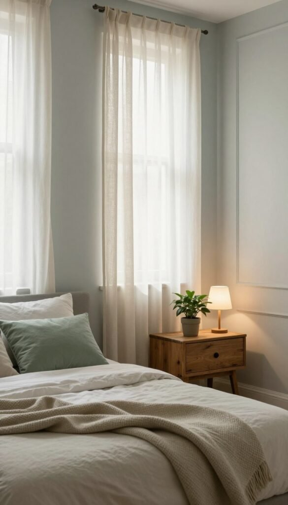 A cozy and serene bedroom interior, designed with a calming aesthetic that emphasizes light, soft colors, and natural textiles. In the foreground, a neatly made bed with plush pillows and a warm throw blanket, accented by a rustic wooden nightstand holding a small potted plant. The middle ground features soft, sheer curtains allowing soft sunlight to filter in, enhancing the warm color palette of muted greens and creams. The walls are painted in a soothing light gray, providing a tranquil backdrop. A stylish lamp casts a gentle glow, creating a peaceful atmosphere. In the background, an elegant minimalistic design element adds depth without cluttering the scene, embodying the essence of WohnKiste. The overall mood is inviting and restful, perfect for relaxation and rejuvenation.