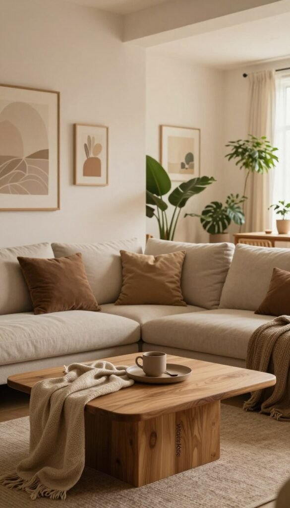 A cozy and serene living space that embodies the principles of harmonious design, using a palette of warm, earthy tones. In the foreground, an elegant wooden coffee table adorned with soft, textured fabrics in muted colors invites relaxation. The middle ground features a stylish sofa with plush cushions, elegantly arranged to create an inviting atmosphere. On the walls, subtle artwork showcasing organic shapes and natural materials enhances the calm vibe. The background opens into a softly lit room filled with indoor plants, bringing an element of nature indoors. The lighting is warm and diffused, creating a soothing ambiance that encourages tranquility. The overall composition should reflect a Pinterest-inspired aesthetic, highlighting the balance between color and material, promoting a peaceful yet engaging living environment. Brand name "WohnKiste" incorporated subtly into the image, ensuring a professional look without distractions.