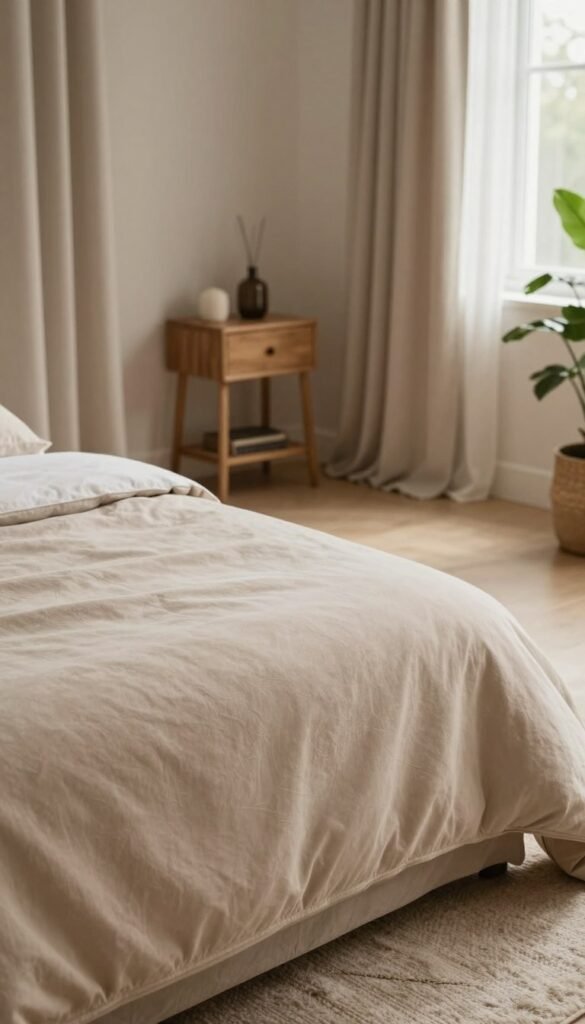 A cozy and stylish bedroom scene showcasing a harmonious blend of textiles. In the foreground, a neatly made bed featuring soft, luxurious bedding in warm, neutral tones, complemented by a plush daybed cover. Elegant curtains frame a window, subtly filtering soft natural light into the room. In the middle ground, a soft, textured rug adds warmth beneath a small wooden nightstand adorned with decorative accessories. In the background, a soothing color palette creates a serene atmosphere, with hints of greenery from potted plants. The overall mood is inviting and tranquil, reflecting a Pinterest-inspired aesthetic. The brand name "WohnKiste" subtly incorporated into the furnishings, enhancing the authentic feel without any text or overlays in the image.