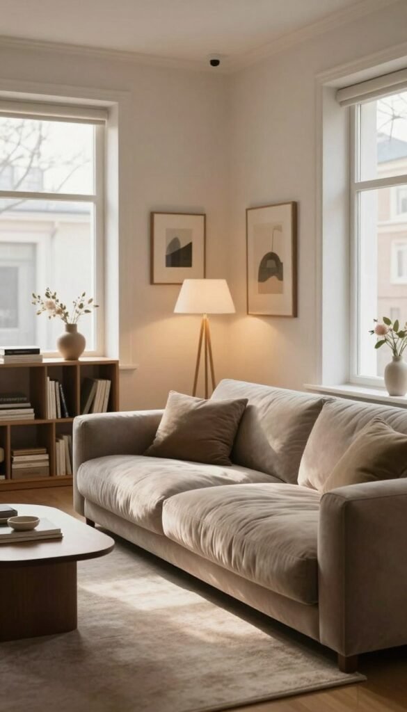 A cozy and stylish interior room showcasing a dramatic contrast in furniture proportions, illuminated by soft, warm natural light streaming through a large window. In the foreground, a large, oversized sofa dominates the space, showcasing plush textures in a muted color palette. Next to it, a petite coffee table looks almost comically small, emphasizing the scale difference. In the middle ground, a minimalist bookshelf with artfully arranged decor creates a sense of balance, while a sleek floor lamp provides additional illumination. The background features light-colored walls adorned with simple, elegant art pieces. The overall mood is inviting and harmonious, styled in a contemporary manner that captures the essence of "WohnKiste" while beautifully illustrating the concept of furniture proportions.