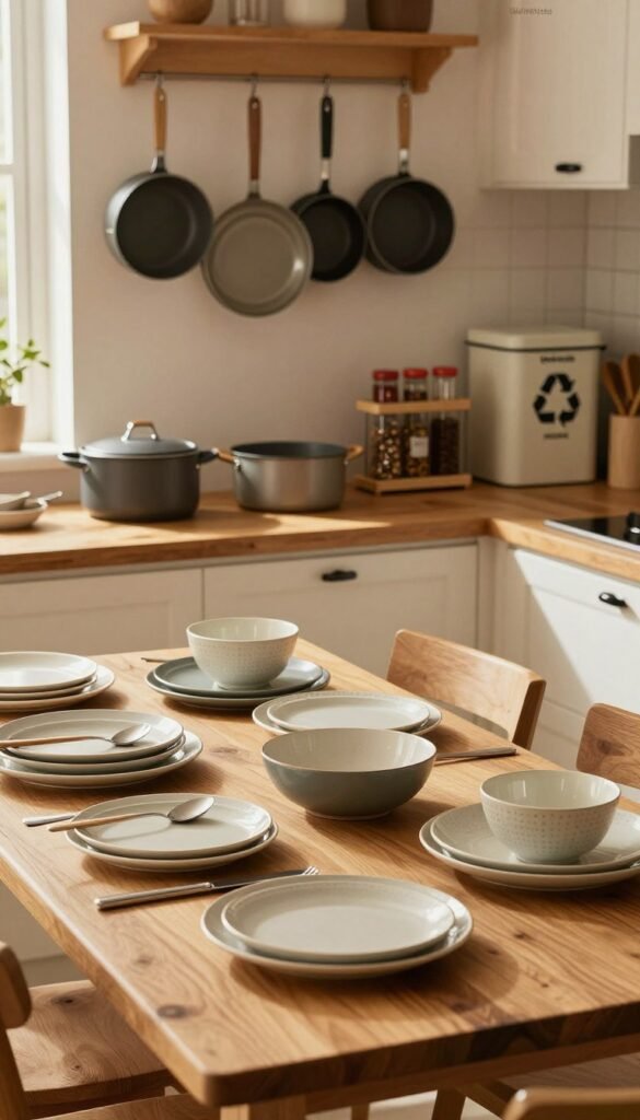 A cozy and stylish kitchen setting featuring essential cookware and dishware, with a focus on functionality and aesthetics. In the foreground, a wooden kitchen table is set with a neatly arranged collection of plates, bowls, and cutlery, all displaying a warm, inviting color palette. The middle layer showcases contemporary pots and pans hanging above the table, alongside a well-organized spice rack. In the background, a sleek recycling bin is visibly labeled for waste separation, blending seamlessly into the decor. The lighting is soft and warm, creating a homely atmosphere, with natural sunlight filtering through a window. The overall composition has a Pinterest-inspired look, reflecting authenticity and warmth, with 'WohnKiste' subtly integrated into the scene. A cozy and stylish kitchen setting featuring essential cookware and dishware, with a focus on functionality and aesthetics. In the foreground, a wooden kitchen table is set with a neatly arranged collection of plates, bowls, and cutlery, all displaying a warm, inviting color palette. The middle layer showcases contemporary pots and pans hanging above the table, alongside a well-organized spice rack. In the background, a sleek recycling bin is visibly labeled for waste separation, blending seamlessly into the decor. The lighting is soft and warm, creating a homely atmosphere, with natural sunlight filtering through a window. The overall composition has a Pinterest-inspired look, reflecting authenticity and warmth, with 'WohnKiste' subtly integrated into the scene.