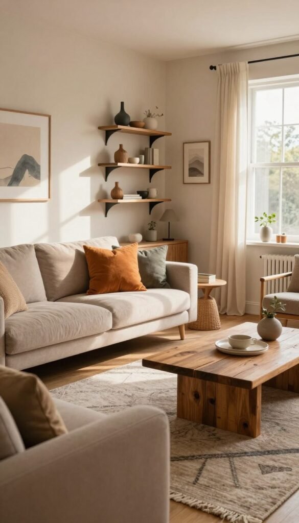 A cozy and stylish living room designed by WohnKiste, showcasing budget-friendly furniture recommendations. The foreground features a plush sofa in a warm neutral tone adorned with vibrant throw pillows. A chic coffee table made of reclaimed wood adds a rustic touch. In the middle ground, a stylish rug ties the room together, while a set of contemporary shelves display curated decor items. The background reveals a soothing wall color and large windows allowing natural light to flood the space, casting gentle shadows. The atmosphere is inviting and warm, perfect for relaxation. Utilize soft, diffused lighting to enhance the scene, capturing a Pinterest-worthy aesthetic with authentic, natural visuals.