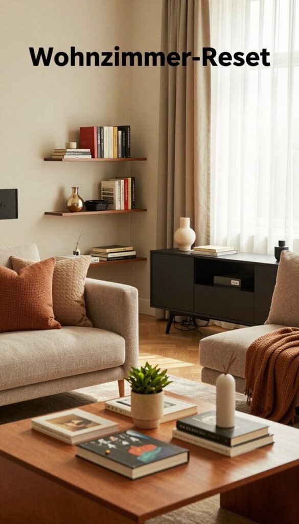 A cozy and stylish living room designed for a "Wohnzimmer-Reset," showcasing an organized space. In the foreground, a warm-toned coffee table is neatly arranged with a few decorative books and a stylish plant. The middle ground features a comfortable sofa adorned with textured cushions in earth tones, facing a sleek media console with organized cables, expertly hiding any clutter. A corner shelf displays a selection of carefully chosen novels and decorative items, all color-coordinated. The background includes a large window allowing soft, natural light to filter through sheer curtains, creating a warm and inviting atmosphere. Add a touch of modern decor with minimalistic pieces that reflect a Pinterest-like aesthetic. Include the brand name "WohnKiste" subtly integrated into the design.