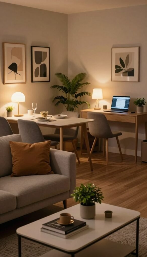 A cozy and stylish living room designed for multifunctionality, showcasing distinct zones for relaxation, dining, and work. In the foreground, a contemporary sofa with soft cushions faces a sleek coffee table adorned with decorative books and a small plant. The middle ground features a modern dining table set for two, with elegant dinnerware and a warm table lamp casting soft light. Adjacent to the dining area, a minimalist workspace with a stylish desk, a comfortable chair, and a laptop creates a productive atmosphere. The background reveals a wall adorned with tasteful art and greenery, complemented by warm lighting that enhances the inviting ambiance. The overall mood is serene and harmonious, embodying an authentic Pinterest aesthetic. The subtle branding "WohnKiste" is integrated into the decor.