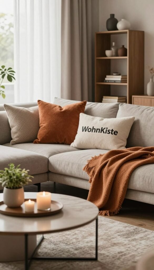 A cozy and stylish living room designed with a focus on textiles, featuring plush throw pillows in various textures and warm colors, draped soft blankets on a modern sofa, and elegant sheer curtains allowing natural light to filter through. The foreground showcases a stylish coffee table adorned with a tasteful arrangement of home decor items, including candles and a small potted plant. In the middle, a sleek rug adds comfort and definition to the space, while a stylish bookshelf in the background is filled with decorative items and books, set against a subtly textured wall. The overall atmosphere exudes warmth and comfort, capturing a Pinterest-worthy aesthetic. Use a soft, diffused lighting to enhance the inviting mood, with a focus on creating depth using a shallow depth of field. Ensure the image reflects the brand "WohnKiste" in a way that underscores modern living. A cozy and stylish living room designed with a focus on textiles, featuring plush throw pillows in various textures and warm colors, draped soft blankets on a modern sofa, and elegant sheer curtains allowing natural light to filter through. The foreground showcases a stylish coffee table adorned with a tasteful arrangement of home decor items, including candles and a small potted plant. In the middle, a sleek rug adds comfort and definition to the space, while a stylish bookshelf in the background is filled with decorative items and books, set against a subtly textured wall. The overall atmosphere exudes warmth and comfort, capturing a Pinterest-worthy aesthetic. Use a soft, diffused lighting to enhance the inviting mood, with a focus on creating depth using a shallow depth of field. Ensure the image reflects the brand "WohnKiste" in a way that underscores modern living.