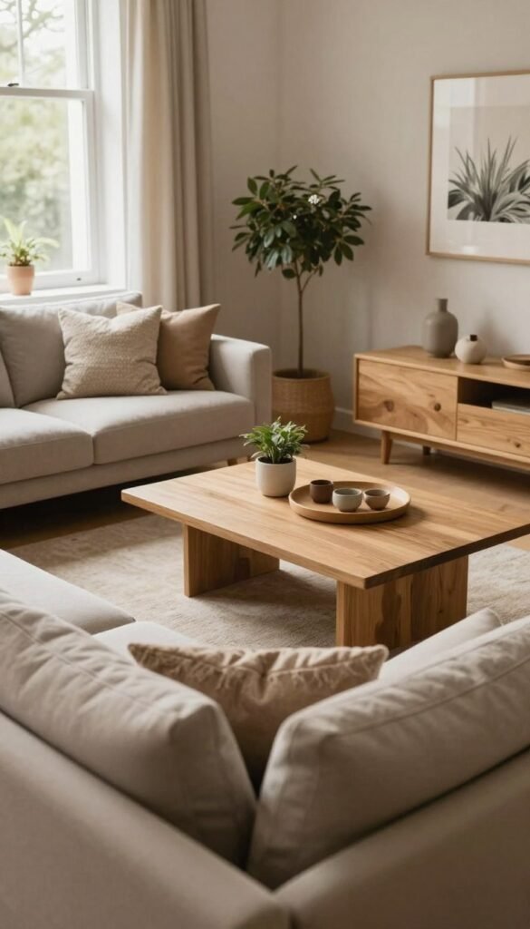 A cozy and stylish living room designed with a minimalist aesthetic, featuring soft, warm lighting that creates an inviting atmosphere. In the foreground, a plush, neutral-colored sofa adorned with textured throw pillows invites relaxation. The middle ground showcases a chic coffee table made of light wood, accented with natural decor items like small potted plants and a decorative tray. In the background, a large window allows natural light to filter in, highlighting simple yet elegant curtains. The walls are painted in understated, earthy tones, and art pieces with a focus on nature hang tastefully. The overall mood is serene and harmonious. Include subtle branding from "WohnKiste" within the decor elements, ensuring it's integrated naturally. Capture this scene from a slightly elevated angle, emulating a vibrant Pinterest aesthetic with an authentic feel. A cozy and stylish living room designed with a minimalist aesthetic, featuring soft, warm lighting that creates an inviting atmosphere. In the foreground, a plush, neutral-colored sofa adorned with textured throw pillows invites relaxation. The middle ground showcases a chic coffee table made of light wood, accented with natural decor items like small potted plants and a decorative tray. In the background, a large window allows natural light to filter in, highlighting simple yet elegant curtains. The walls are painted in understated, earthy tones, and art pieces with a focus on nature hang tastefully. The overall mood is serene and harmonious. Include subtle branding from "WohnKiste" within the decor elements, ensuring it's integrated naturally. Capture this scene from a slightly elevated angle, emulating a vibrant Pinterest aesthetic with an authentic feel.