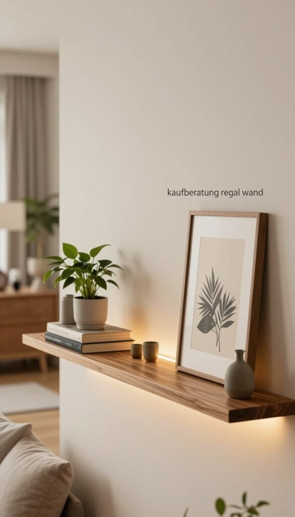 A cozy and stylish living room featuring a carefully curated wall shelf ("kaufberatung regal wand") from the brand "WohnKiste". In the foreground, showcase a sleek wooden shelf illuminated by soft, warm lighting, accentuating its polished finish and rich texture. The middle ground includes aesthetically arranged decorative items like potted plants, vintage books, and framed art, creating an organized yet inviting feel. In the background, a softly blurred view of a modern, tastefully decorated home setting enhances the focus on the shelf. The overall mood is warm and inviting, reminiscent of Pinterest aesthetics, emphasizing natural colors and minimalistic design. Aim for a realistic photograph-like quality to evoke a sense of comfort and harmony in home decor.