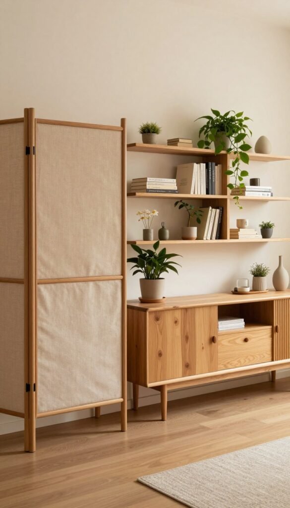 A cozy and stylish living room featuring a modern "raumteiler" setup, showcasing a combination of a decorative screen (paravent), an open shelving unit, and a chic sideboard. In the foreground, the paravent is elegantly designed with natural wood and soft fabric, providing a subtle division while maintaining an open feel. The middle section displays the shelving unit filled with plants and books, creating an inviting atmosphere. The sideboard, decorated with plants and minimalist decor, adds functionality. The background reveals a softly lit space with warm colors, enhancing a Pinterest-inspired aesthetic. The scene is captured from a slightly elevated angle with soft, natural lighting, evoking a calm and harmonious mood. The brand name "WohnKiste" subtly integrated into the design, without any text or logos in the image. A cozy and stylish living room featuring a modern "raumteiler" setup, showcasing a combination of a decorative screen (paravent), an open shelving unit, and a chic sideboard. In the foreground, the paravent is elegantly designed with natural wood and soft fabric, providing a subtle division while maintaining an open feel. The middle section displays the shelving unit filled with plants and books, creating an inviting atmosphere. The sideboard, decorated with plants and minimalist decor, adds functionality. The background reveals a softly lit space with warm colors, enhancing a Pinterest-inspired aesthetic. The scene is captured from a slightly elevated angle with soft, natural lighting, evoking a calm and harmonious mood. The brand name "WohnKiste" subtly integrated into the design, without any text or logos in the image.