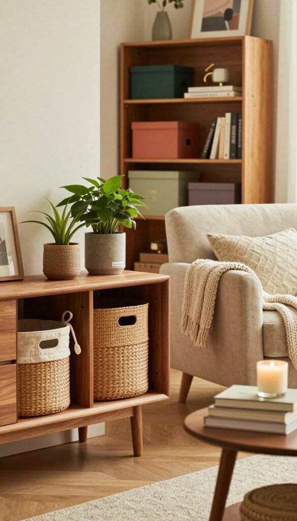 A cozy and stylish living room featuring various innovative storage solutions from "WohnKiste". In the foreground, a beautifully arranged wooden sideboard with decorative baskets and potted plants, showcasing a harmonious blend of functionality and aesthetics. In the middle ground, a soft, inviting fabric armchair, adorned with a knitted throw, next to a small coffee table displaying neatly stacked books and a candle. The background reveals a well-organized bookshelf filled with colorful boxes and artful decor pieces, all bathed in warm, natural lighting that enhances the inviting atmosphere. The composition captures a trendy Pinterest-inspired look, emphasizing the effectiveness of storage in creating a warm and welcoming home environment.