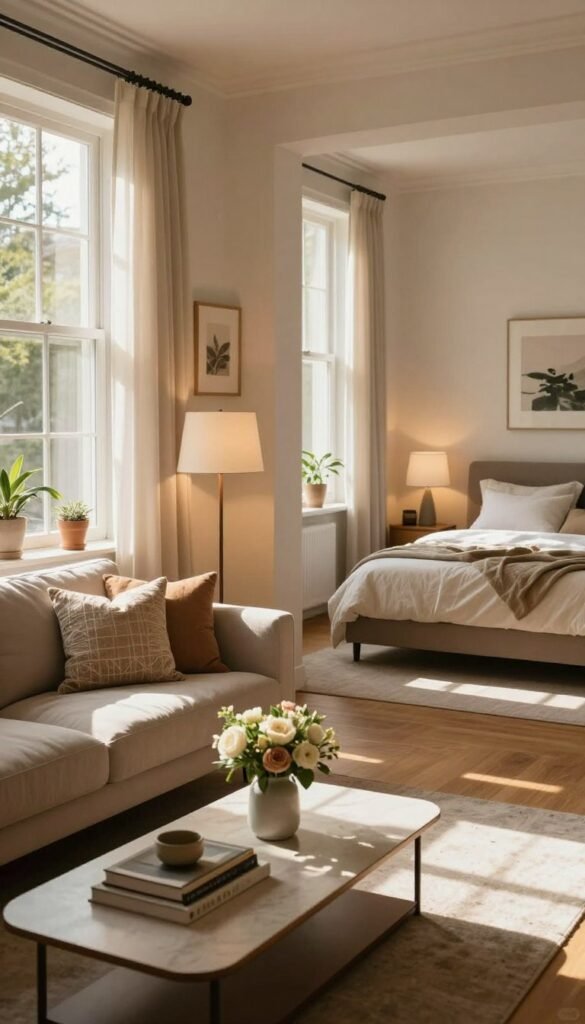A cozy and stylish living room illuminated by warm, natural light streaming through large windows, casting soft shadows and enhancing the space's inviting atmosphere. In the foreground, a plush, modern sofa adorned with decorative pillows invites relaxation. A sleek coffee table holds fresh flowers and decorative books, while a strategically placed floor lamp adds a gentle glow. The middle ground features a serene bedroom scene with a well-made bed draped in soft linens and a bedside table with ambient lighting, reflecting tranquility. In the background, a well-lit hallway showcases framed artwork and potted plants, guiding the eye through the space. The overall color palette embraces warm hues, creating a harmonized Pinterest-inspired aesthetic. The scene is designed for WohnKiste, showcasing how light serves as a powerful visual upgrade for interiors.