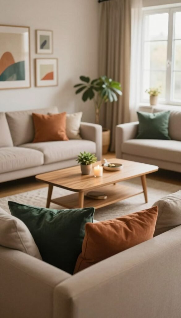 A cozy and stylish living room interior designed by WohnKiste, showcasing a harmonious color concept with warm, natural tones. In the foreground, a plush sofa in a soft beige fabric adorned with vibrant throw pillows in deep greens and terracotta. The middle ground features a sleek wooden coffee table topped with a few carefully arranged decor items, including a small potted plant and a softly glowing candle. The background reveals a gallery wall with framed art pieces that incorporate colors from the room, complemented by a large window allowing gentle, diffused sunlight to flood the space. The atmosphere exudes calmness and cohesion, reflecting a well-thought-out design that feels both authentic and inviting, perfect for relaxation and social gatherings.