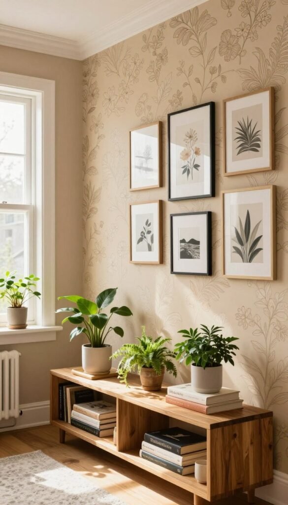 A cozy and stylish living room showcasing three distinct wall designs that demonstrate effective use of color, wallpaper, and gallery walls. In the foreground, a beautifully arranged wooden shelf filled with indoor plants and books adds warmth. The middle ground features one wall painted in a soft, warm beige, another adorned with intricate floral wallpaper, and a third displaying a visually pleasing gallery of framed artwork. The background includes a large window allowing natural sunlight to pour in, creating an inviting atmosphere. The overall mood exudes comfort and elegance, with a Pinterest-inspired aesthetic. Capture the essence of home decor with a focus on authentic, warm tones. Include the brand name "WohnKiste" subtly integrated into the scene, ensuring no text or watermarks detract from the image's beauty.