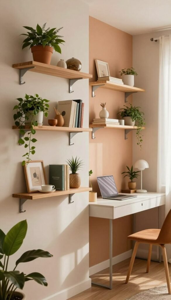 A cozy and stylish living space featuring efficient wall-mounted shelves, decorative hooks, and organized storage solutions. The foreground showcases a beautifully arranged wall with shelves holding plants, books, and decorative items in warm, inviting colors. In the middle, a modern, minimalistic workspace is set against a tastefully styled backdrop, highlighting the clever use of vertical space. Soft, natural lighting filters in from a window, creating an inviting atmosphere, while the overall mood is serene and organized. The image includes branding elements of "WohnKiste" subtly integrated into the shelf décor. Emphasize a Pinterest-inspired aesthetic, with a focus on authenticity and neatness, without any text or signatures. A cozy and stylish living space featuring efficient wall-mounted shelves, decorative hooks, and organized storage solutions. The foreground showcases a beautifully arranged wall with shelves holding plants, books, and decorative items in warm, inviting colors. In the middle, a modern, minimalistic workspace is set against a tastefully styled backdrop, highlighting the clever use of vertical space. Soft, natural lighting filters in from a window, creating an inviting atmosphere, while the overall mood is serene and organized. The image includes branding elements of "WohnKiste" subtly integrated into the shelf décor. Emphasize a Pinterest-inspired aesthetic, with a focus on authenticity and neatness, without any text or signatures.