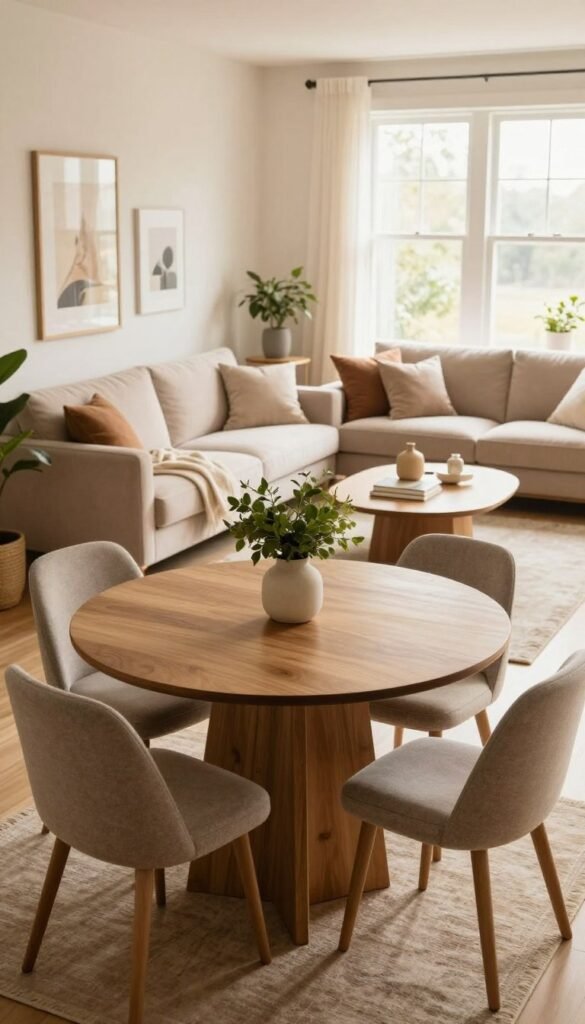 A cozy and stylish small dining area within a modern living room, seamlessly integrated without feeling cluttered. In the foreground, a round wooden dining table with elegant, minimalist design, surrounded by four comfortable upholstered chairs. A tasteful centerpiece of greenery adds a touch of nature. In the middle, the living area features a plush sofa in soft, muted tones, along with a stylish coffee table adorned with books and decor items. The background showcases bright, airy large windows allowing warm, natural light to flood the space, highlighting the warm color palette reminiscent of Pinterest aesthetics. Decor elements include artwork on the walls and a chic rug underfoot, creating an inviting atmosphere. The scene should reflect authenticity and the brand "WohnKiste" without any text or branding visible.