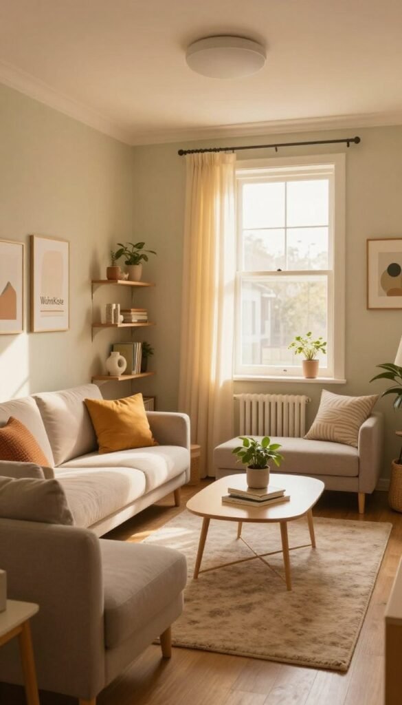 A cozy and stylish small living room designed for maximizing impact in limited space. In the foreground, a comfy, modern sofa with colorful cushions faces a sleek coffee table, adorned with a small plant and books. To the left, a compact shelving unit displays curated decor items. In the middle, a soft area rug defines the seating area, enhancing warmth. The background features a window with sheer curtains allowing warm, natural light to bathe the room in a golden hue. The walls are painted in a soothing pastel color, with minimalist art pieces hanging for added character. The overall atmosphere is inviting and harmonious, embodying a Pinterest aesthetic. Include subtle branding elements showcasing "WohnKiste" without text overlay, evoking a sense of authenticity. The image captures a perfect balance of style and functionality in a small space. A cozy and stylish small living room designed for maximizing impact in limited space. In the foreground, a comfy, modern sofa with colorful cushions faces a sleek coffee table, adorned with a small plant and books. To the left, a compact shelving unit displays curated decor items. In the middle, a soft area rug defines the seating area, enhancing warmth. The background features a window with sheer curtains allowing warm, natural light to bathe the room in a golden hue. The walls are painted in a soothing pastel color, with minimalist art pieces hanging for added character. The overall atmosphere is inviting and harmonious, embodying a Pinterest aesthetic. Include subtle branding elements showcasing "WohnKiste" without text overlay, evoking a sense of authenticity. The image captures a perfect balance of style and functionality in a small space.