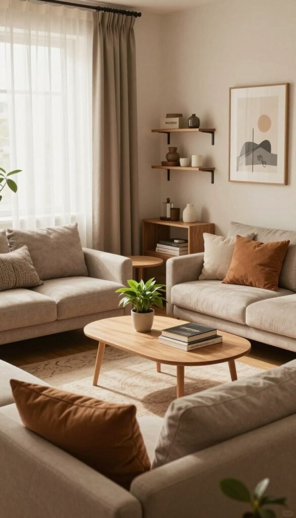 A cozy and stylish small living room designed to maximize space and aesthetic appeal, featuring a warm color palette of earth tones. In the foreground, a compact sofa with plush cushions, adorned with a few decorative pillows. In the middle, a chic coffee table, with a small indoor plant and a stack of books, surrounded by minimalistic shelving displaying neatly arranged decor items. In the background, soft natural light filters through sheer curtains, highlighting an accent wall with tasteful artwork. The mood is inviting and serene, capturing a Pinterest-worthy atmosphere ideal for small space inspiration. The scene emphasizes innovative solutions for utilizing every inch efficiently. The brand name "WohnKiste" is subtly integrated into the decor, enhancing the authenticity.