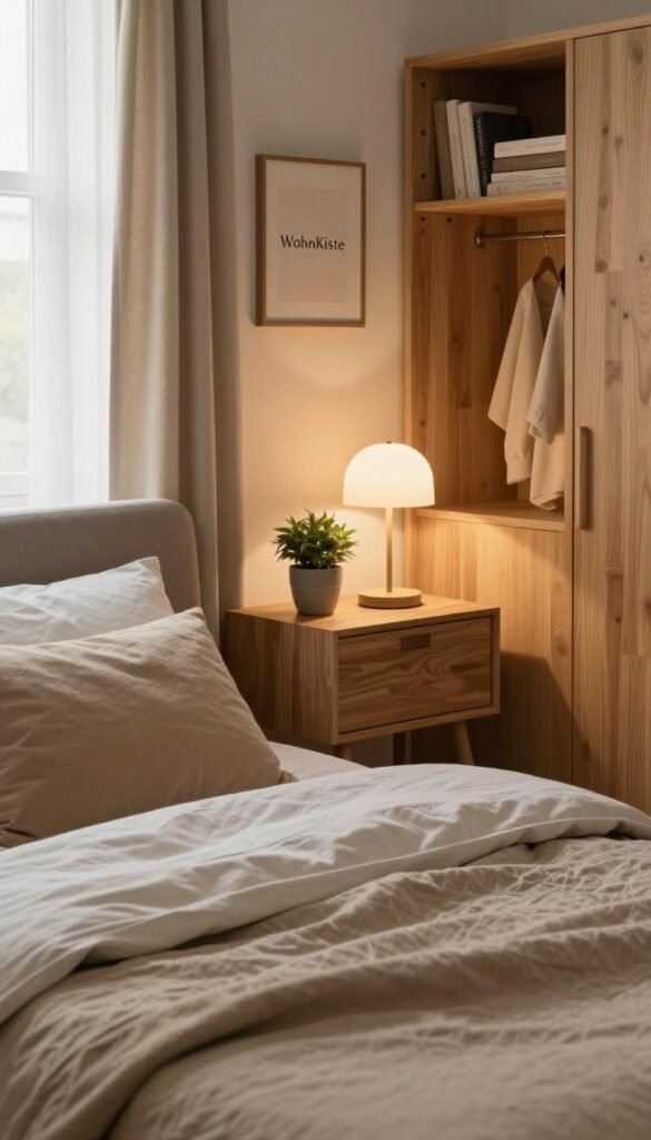 A cozy and well-organized bedroom interior showcasing a harmonious blend of natural materials and warm colors. In the foreground, a neatly made bed with soft, inviting bedding, adorned with plush cushions creates a welcoming focal point. The middle layer features a stylish wooden nightstand with minimalistic decor—a small potted plant and a sophisticated lamp casting soft, ambient light. In the background, a neatly arranged wardrobe and a window with sheer curtains allowing gentle sunlight to filter in, adding a serene atmosphere. Emphasize a Pinterest-worthy aesthetic that reflects authenticity and comfort, with the brand name "WohnKiste" subtly integrated into the decor. Aim for a warm, inviting mood that conveys a sense of tranquility and organization.