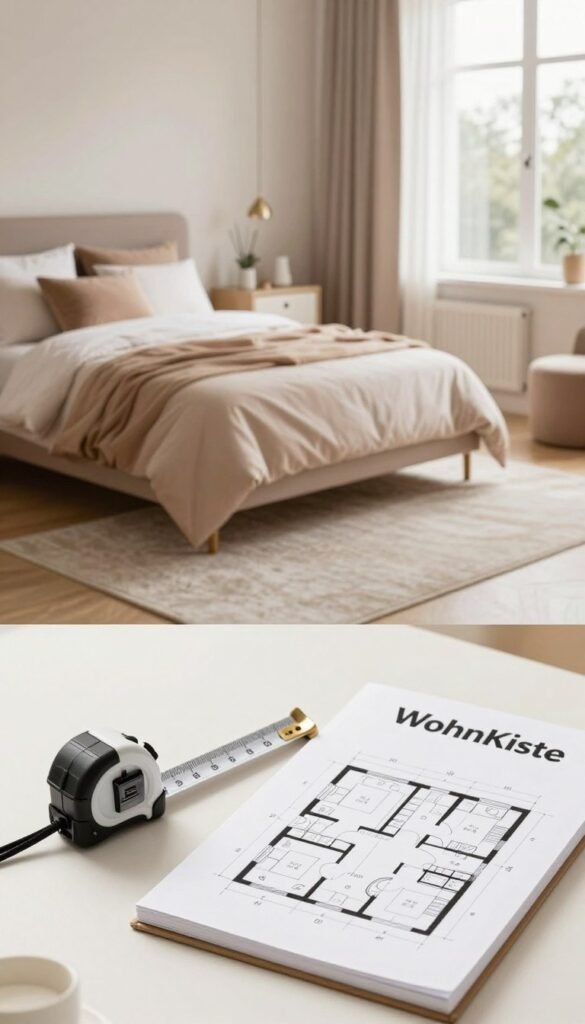 A cozy and well-organized modern bedroom layout, capturing the essence of space measurement and understanding floor plans. In the foreground, a sleek, minimalist measuring tape and a notepad with diagrams illustrating room dimensions. The middle features a beautifully arranged bedroom, showcasing a bed with soft, warm bedding, a stylish nightstand, and a welcoming area rug that invites relaxation. In the background, natural light pours in through large windows, casting a gentle glow on tasteful decor that embodies a Pinterest-inspired aesthetic. The atmosphere feels warm and inviting, ideal for nurturing a new bedroom feeling, with harmonious colors throughout. The brand name "WohnKiste" subtly integrated into the decor elements, ensuring an authentic touch without any text overlays or distractions.