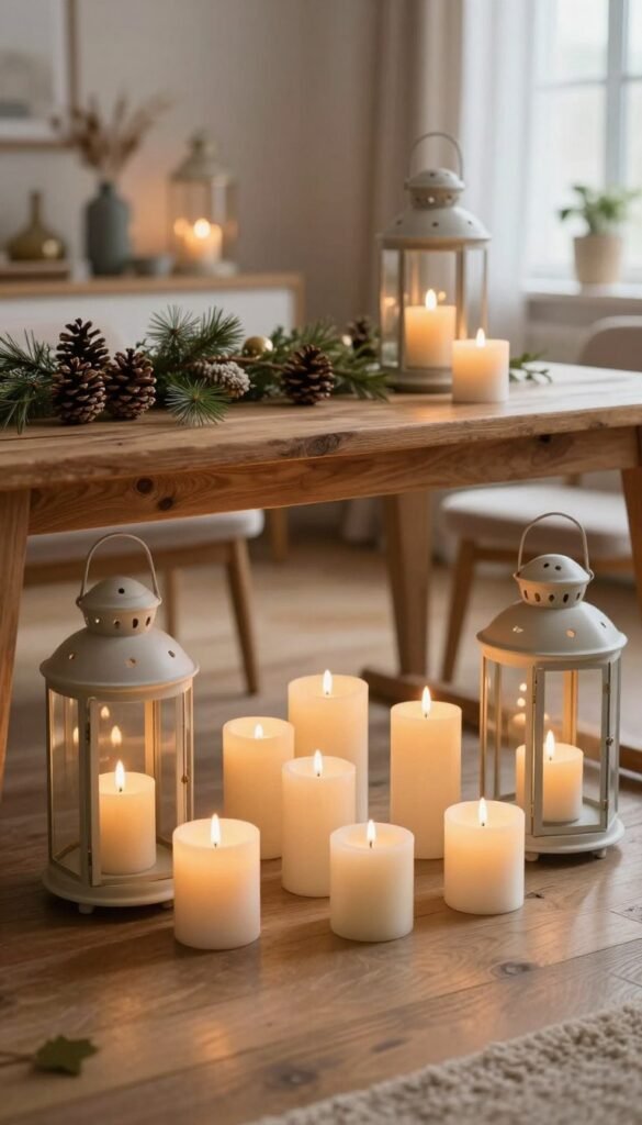 A cozy arrangement of candles and lanterns in a stylish indoor setting, emphasizing a warm, inviting atmosphere. In the foreground, a variety of beautifully crafted candles in different shapes and sizes release a soft, flickering light, surrounded by elegant glass lanterns casting delicate shadows. The middle ground features a rustic wooden table adorned with seasonal decorations, such as pinecones and greenery, creating a harmonious balance. In the background, a softly lit room with warm color tones and elegantly styled decor draws the eye, evoking comfort and tranquility. The scene is captured in bright, natural light, evoking a Pinterest-worthy look, with a focus on authenticity, without any text or branding overtly visible, yet subtly hinting at "WohnKiste" style through the design elements.