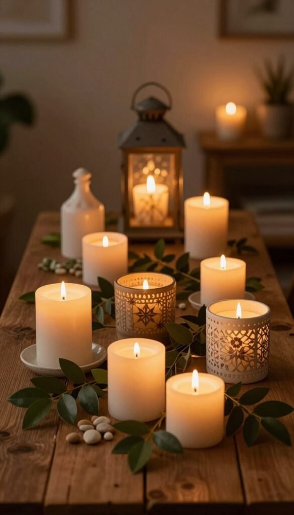 A cozy arrangement of elegantly crafted candles in various sizes and shapes, including decorative candle holders and warm lanterns, artfully placed on a rustic wooden table. The foreground features a trio of softly glowing pillar candles, surrounded by lush green foliage and small pebbles, creating a tranquil atmosphere. In the middle, windlights radiate a gentle ambiance, showcasing their flickering flames through intricate glass designs. The background is softly blurred, suggesting a warmly lit room with textured walls in earthy tones, enhancing the cozy vibe. The scene is illuminated with warm, golden lighting to evoke feelings of comfort and relaxation. The overall look is authentic and Pinterest-inspired, embodying effortless decoration without stress, with the inclusion of subtle branding "WohnKiste" on one of the candle holders.
