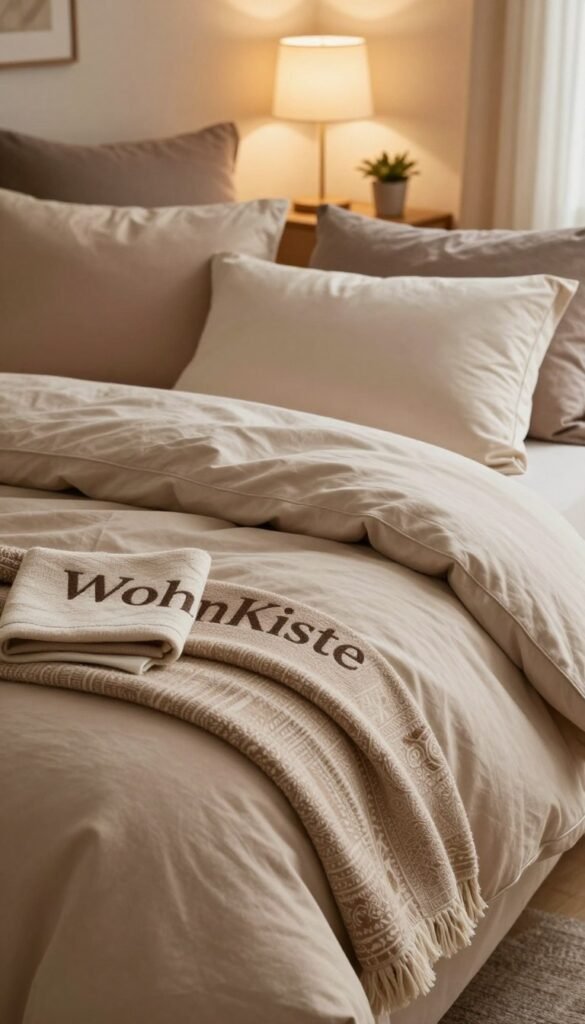 A cozy, beautifully arranged bed with luxurious "WohnKiste" bedding, featuring soft textures and warm colors. The foreground showcases plump pillows and a neatly folded throw blanket on the bed, adorned with elegant patterns and fabrics. In the middle ground, the plush duvet is slightly pulled back, inviting and warm. The background includes a soft-lit bedside table with a calming lamp and a small plant, enhancing the tranquil atmosphere. The lighting is soft and warm, creating a peaceful and inviting mood. The composition is shot from a gentle angle, emphasizing the inviting nature of the textiles and the overall warmth of the bedroom setting, styled in an authentic, Pinterest-inspired look.