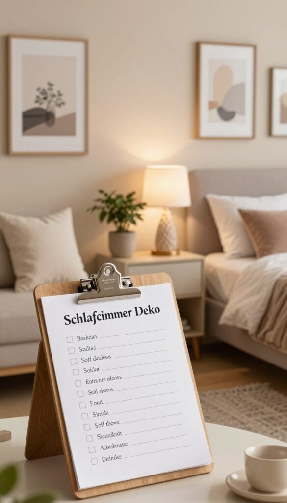 A cozy, beautifully arranged bedroom decor checklist scene, inspired by Pinterest aesthetics. Foreground: A chic wooden clipboard with a neatly written checklist titled “Schlafzimmer Deko” featuring items like soft throw pillows, decorative wall art, and ambient lighting options in an elegant font. Middle: Stylish decorative elements like a potted plant and a designer lamp elegantly displayed on a tasteful nightstand. Background: A warm, inviting bedroom featuring soft lighting, light beige walls, a plush bed with a cozy duvet, and tasteful artwork hanging above. The entire scene should be bathed in warm, natural light, creating a serene and inviting atmosphere. Focus on authentic decor elements associated with "WohnKiste", ensuring an aesthetically pleasing arrangement. No text or watermarks present.