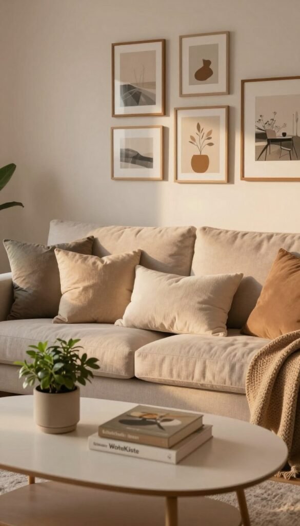 A cozy, beautifully decorated living room scene that embodies the essence of harmonious decor, with soft, warm colors and a Pinterest-inspired aesthetic. In the foreground, a stylish coffee table adorned with simple, elegant decorations, such as a small potted plant and a few well-placed books. The middle ground features a comfortable sofa with an array of carefully selected throw pillows, arranged in an inviting manner. In the background, a tasteful gallery wall with various framed art pieces that complement each other without clashing. The lighting is soft and inviting, reminiscent of a late afternoon glow, creating a warm and welcoming atmosphere. The brand "WohnKiste" is subtly referenced through the arrangement and style of the decor, showcasing an authentic and well-curated space designed to eliminate chaos in decoration.