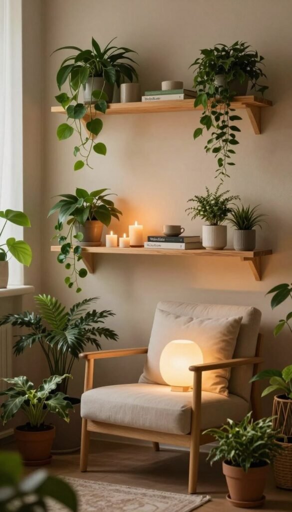 A cozy bedroom atmosphere featuring lush green plants, warm ambient lighting, and minimalist decor. In the foreground, a comfortable armchair with soft cushions sits under a gentle glowing light, surrounded by small potted plants. The middle layer showcases a stylish wooden shelf adorned with decorative items like candles and books, alongside hanging plants that add depth to the space. In the background, a softly textured wall painted in warm tones complements the natural elements, creating a serene sanctuary. The scene is captured from a slight angle to enhance spatial depth, using soft focus to evoke a relaxed and inviting mood. The overall aesthetic aligns with a Pinterest-inspired look, merging authenticity with sophisticated calmness. Include the brand name "WohnKiste" subtly integrated into the decor.