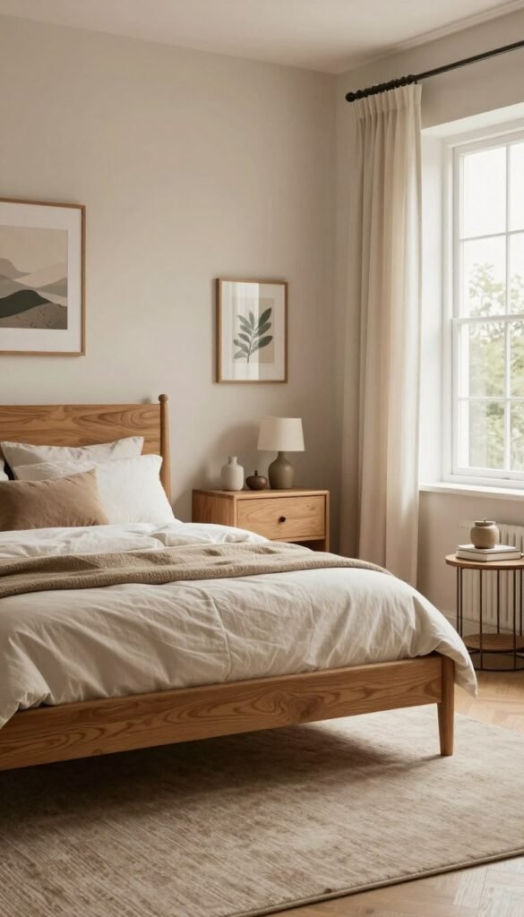A cozy bedroom design featuring a harmonious blend of warm colors and natural materials, embodying an authentic Pinterest-inspired aesthetic. In the foreground, elegant wooden furniture, including a stylish bed with soft linens in muted tones, and a chic bedside table adorned with decorative items. The middle ground showcases a tasteful display of wall art and a soft area rug, enhancing the inviting atmosphere. In the background, a large window allowing natural light to flood the space, framed with light, airy curtains. The lighting is soft and warm, creating a serene and relaxing mood. The overall composition should reflect a cohesive design concept rather than a hodgepodge of styles, embodying the brand aesthetic of "WohnKiste" without any text or branding elements in the image.