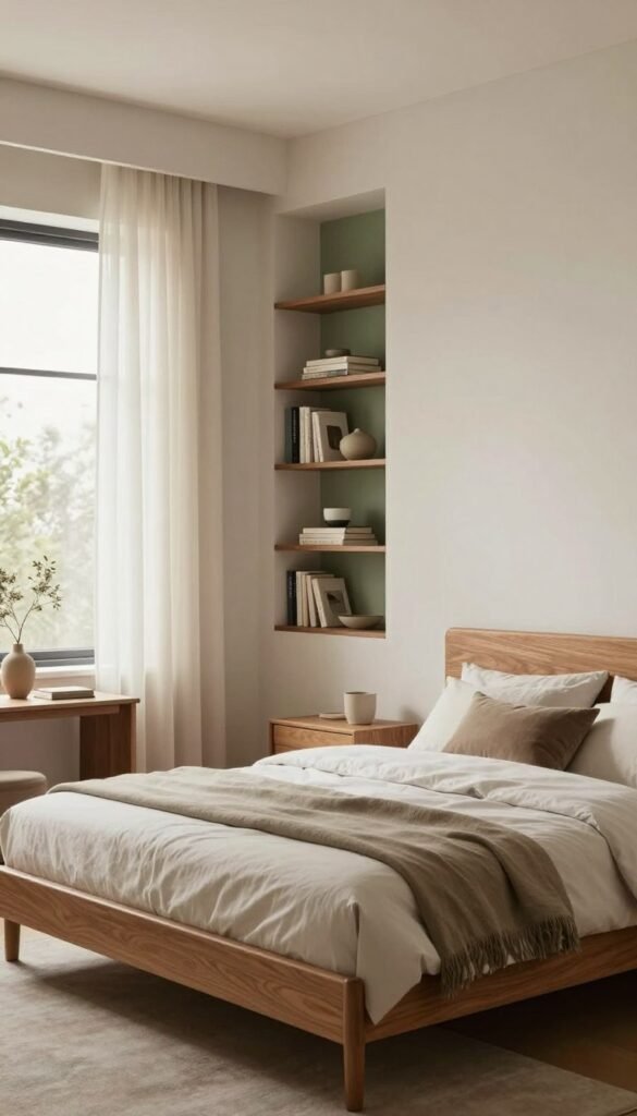 A cozy bedroom designed to maximize storage without overwhelming the space, featuring a modern aesthetic. In the foreground, a beautifully crafted wooden bed frame with soft, neutral bedding, flanked by minimalist nightstands. In the middle, stylish built-in shelves holding neatly organized books and decorative items, seamlessly integrated into the wall, creating an illusion of spaciousness. The background reveals a serene window draped with light, airy curtains, allowing warm natural light to flood the room. The color palette includes soft whites, muted greens, and warm browns, evoking a sense of tranquility and comfort. The atmosphere is inviting, perfect for relaxation. Ensure the image reflects the aesthetic of the brand "WohnKiste" with a Pinterest-inspired look, avoiding any text, watermarks, or signatures.