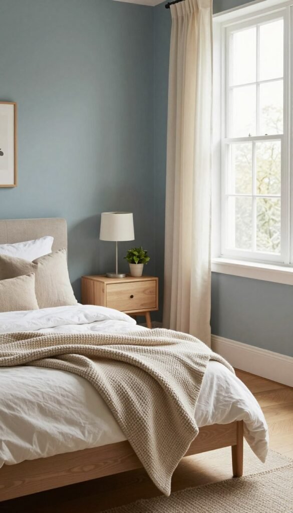A cozy bedroom designed with calming wall colors, featuring a neutral palette of soft blues and soothing greens. In the foreground, a neatly made bed with textured throw pillows and a knitted blanket invites relaxation. The middle ground displays a stylish nightstand with a minimalist lamp and a small potted plant, enhancing the tranquility of the space. In the background, large windows allow natural light to flood in, showcasing soft curtains fluttering gently. The flooring is warm wood, adding a rustic feel. The scene has a warm, inviting atmosphere, embodying the concept of a peaceful retreat. The overall composition embraces a Pinterest-inspired aesthetic, focusing on an authentic and serene environment. Incorporate the brand "Wohnkiste" subtly into the design elements. A cozy bedroom designed with calming wall colors, featuring a neutral palette of soft blues and soothing greens. In the foreground, a neatly made bed with textured throw pillows and a knitted blanket invites relaxation. The middle ground displays a stylish nightstand with a minimalist lamp and a small potted plant, enhancing the tranquility of the space. In the background, large windows allow natural light to flood in, showcasing soft curtains fluttering gently. The flooring is warm wood, adding a rustic feel. The scene has a warm, inviting atmosphere, embodying the concept of a peaceful retreat. The overall composition embraces a Pinterest-inspired aesthetic, focusing on an authentic and serene environment. Incorporate the brand "Wohnkiste" subtly into the design elements.
