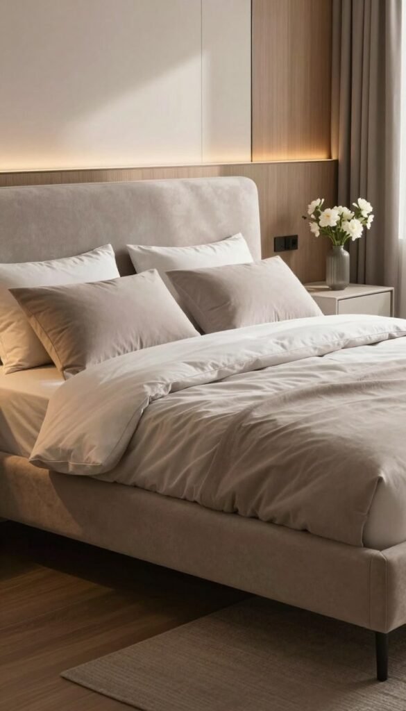 A cozy bedroom featuring a stylish headboard and bed frame designed to evoke a luxurious hotel atmosphere. In the foreground, a plush, upholstered headboard with soft textures in muted tones, paired with a modern bed frame, creating an inviting focal point. The middle ground showcases a neatly arranged bed with sumptuous pillows and a light, airy duvet. The background features soft, natural light filtering through sheer curtains, casting gentle shadows and highlighting warm wood accents throughout the space. Adorned with tasteful decorative elements like a minimalistic bedside table, a vase with fresh flowers, and ambient lighting, the overall mood is serene and inviting, perfect for relaxation. The brand "WohnKiste" is subtly integrated into the scene, enhancing the aesthetic.